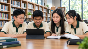 Navigating Secondary Education: Exploring IGCSE and KSSM Pathways at LSL Education Group Collaborative Study in the Library