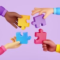3d render diverse hands connecting puzzle concept 3d render diverse hands connecting jigsaw puzzle. Business concept of international partnership, teamwork cooperation, creative collaboration Illustration on purple background in cartoon plastic style